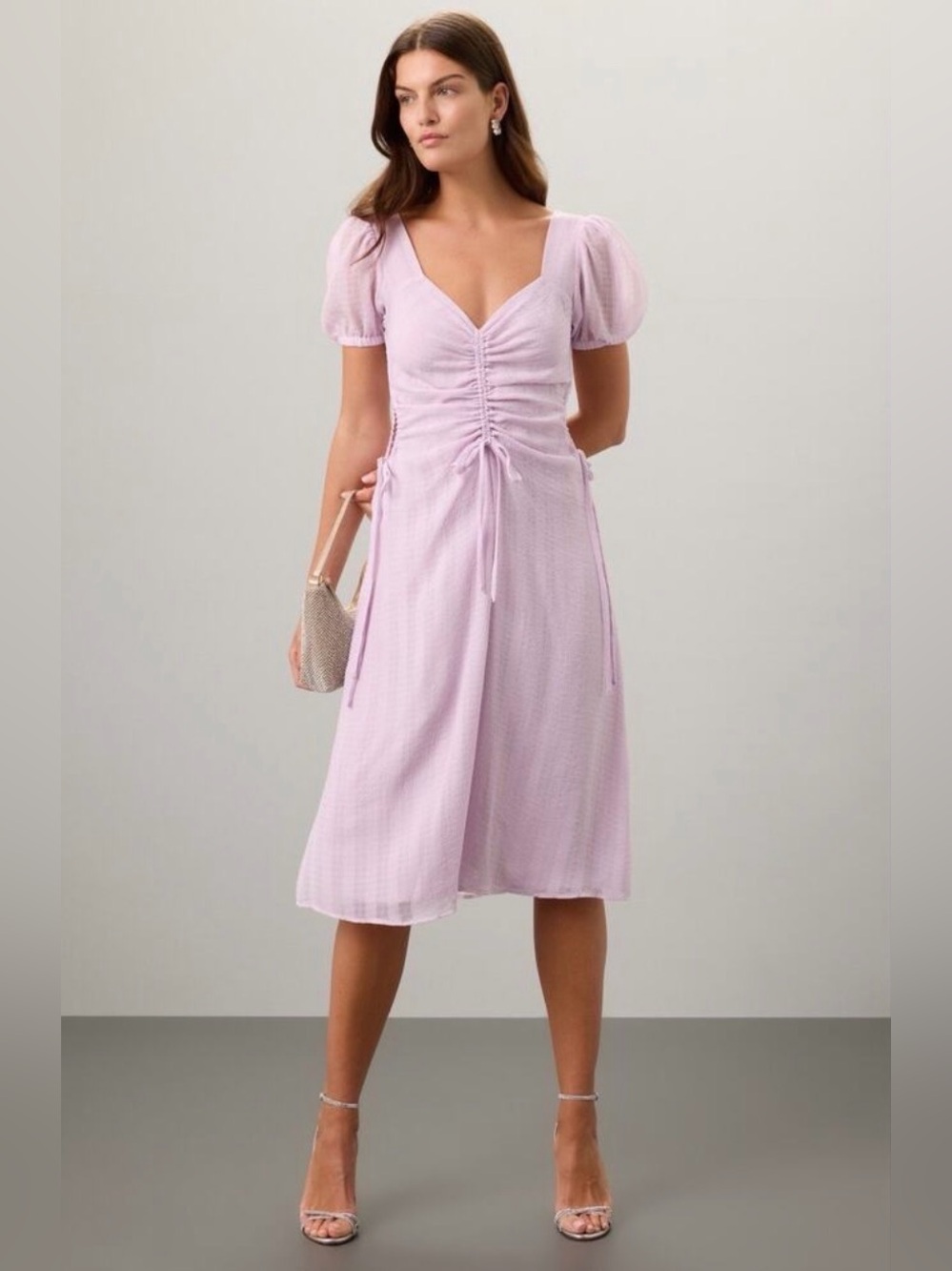 Louna Purple Cut Out Midi Dress Ruched Milkmaid Puff Sleeve Pastel Lilac S